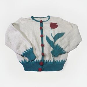 1991 dia Knit Cardigan Tulip Flower Button Sweater VTG USA Cottagecore M